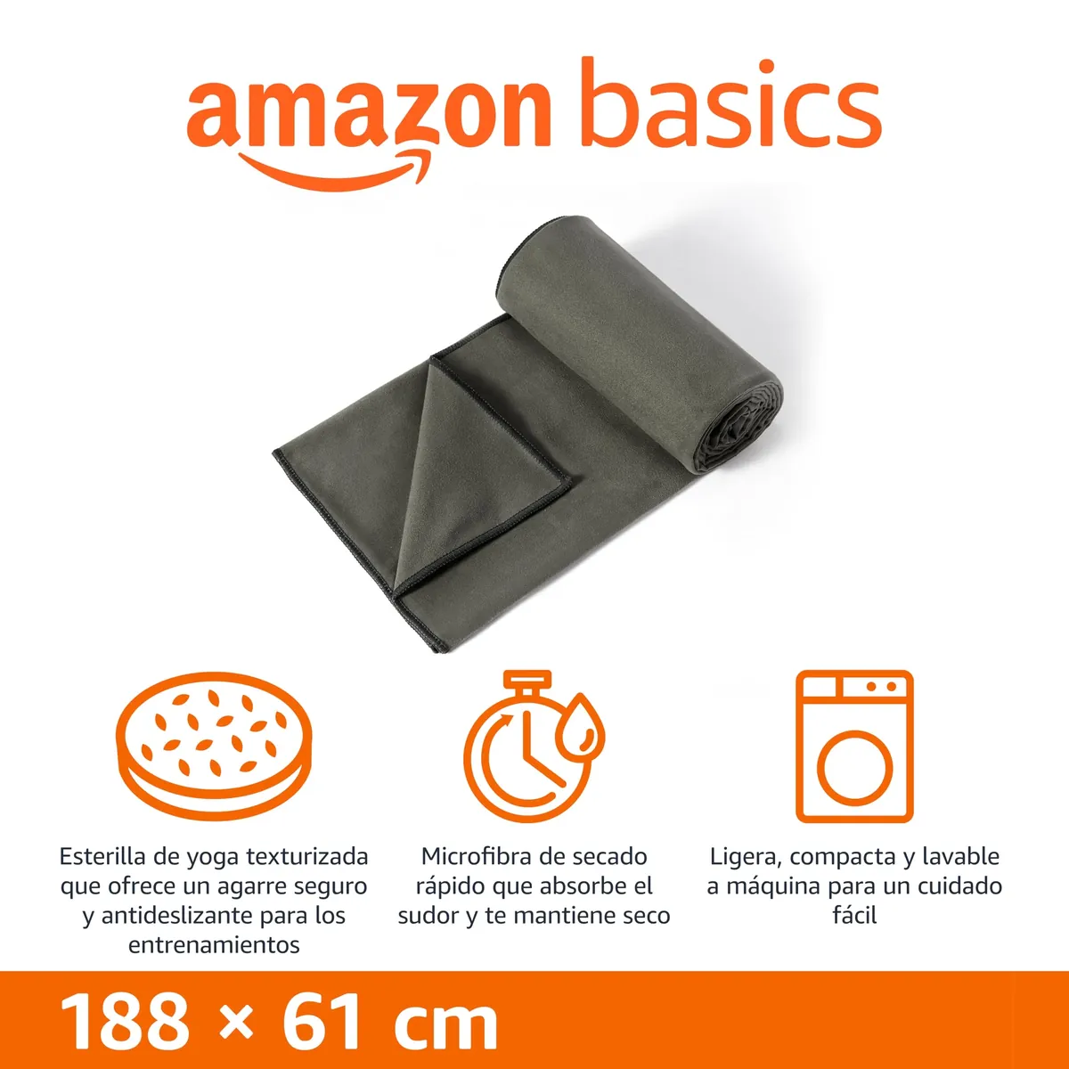 Amazon Basics Toalla para esterilla de yoga gris, antideslizante y absorbente (188 x 61 cm) foto 1