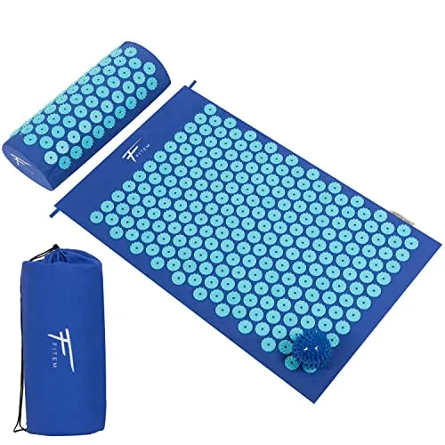 Fitem - Kit de acupresión – Alfombrilla, cojín, bolsa y bola de masaje – Alivia dolores de espalda y cuello – Relajación muscular (azul-turquesa) foto 1