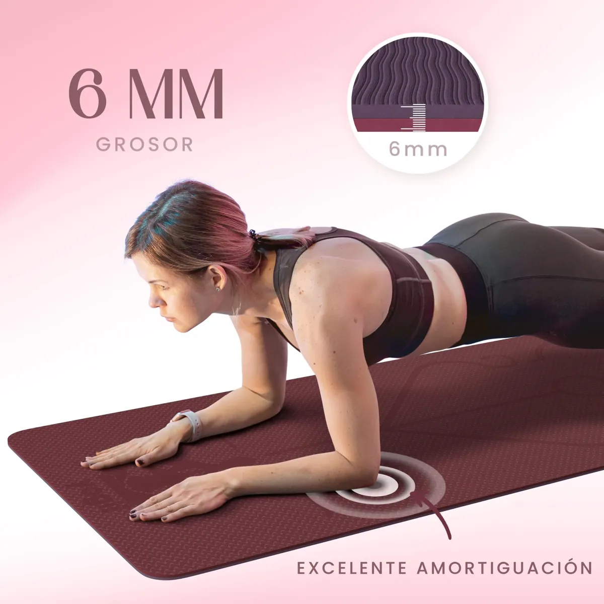 Yogii Esterilla de Yoga 6 mm burdeos/morado, Antideslizante TPE con Líneas de Alineación foto 6